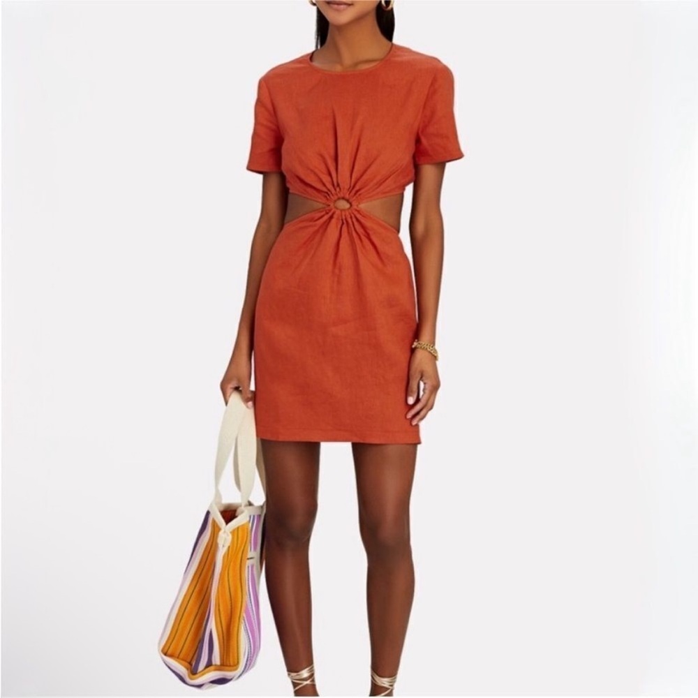 STAUD Epona Linen Cutout Mini Dress Burnt Orange M Resort Summer Vacation Chic
